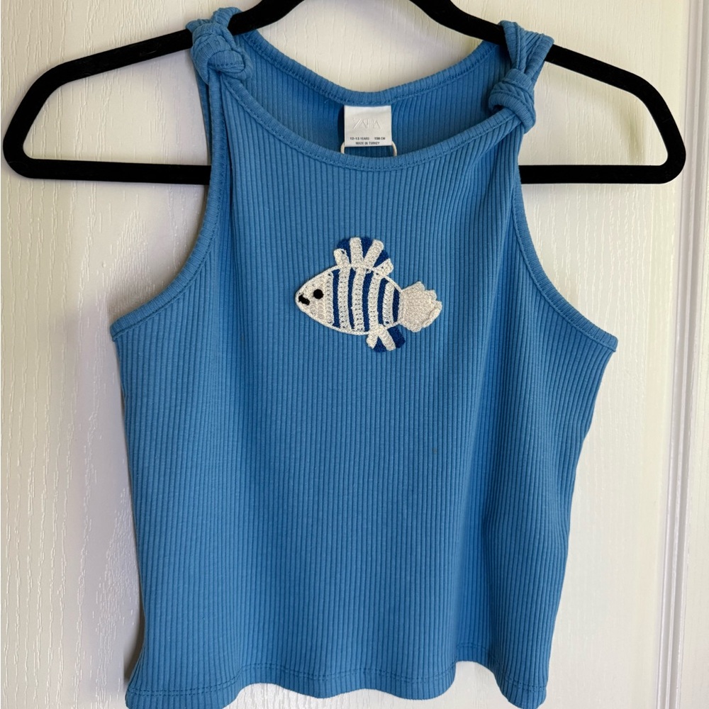 Zara Ribbed Blue Top with Fish Detail